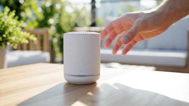 A hand places a portable bluetooth speaker on a wooden outdoor table, ideal for music and relaxation