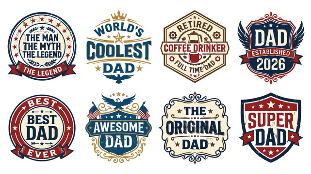 Eight distinctive graphic emblems honoring the world's best, coolest, and legendary paternal figures