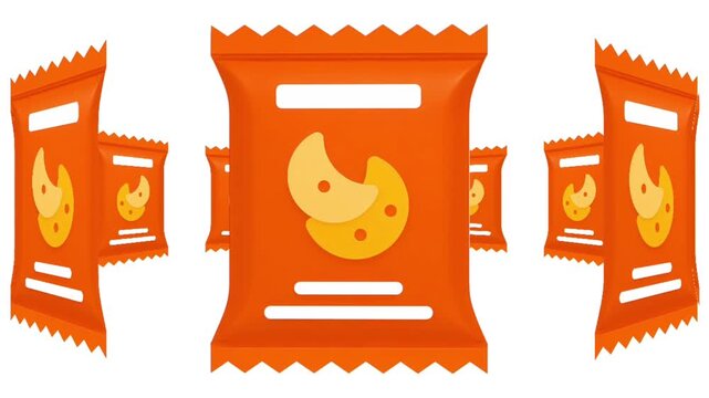  Flat Design Animated Junk Food Packet, Orange Cookie Snack Bag Icon animation on white background