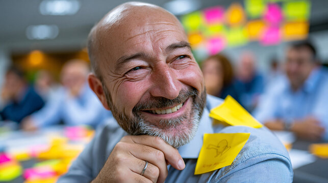 Glatzk&ouml;pfiger Mann mittleren Alters l&auml;chelt breit bei einem Workshop mit bunten Haftnotizen