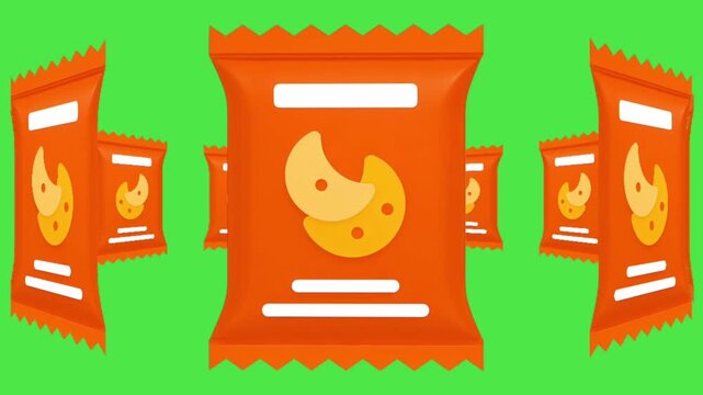  Animated Snack Bag Icon on Green Screen: 2D Flat Design Cookie Packet