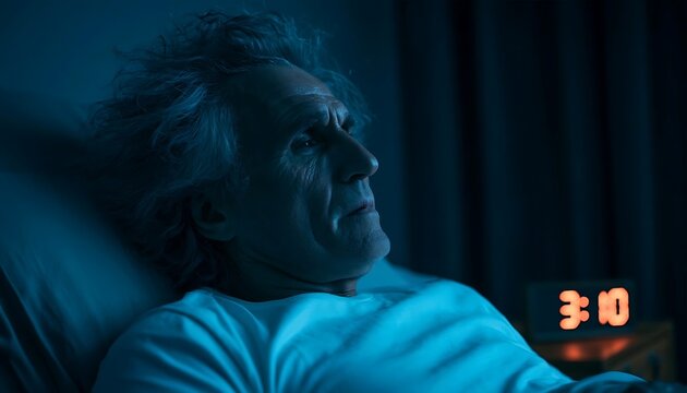 Elderly man awake in bed at night with digital clock showing 3 -10 AM.