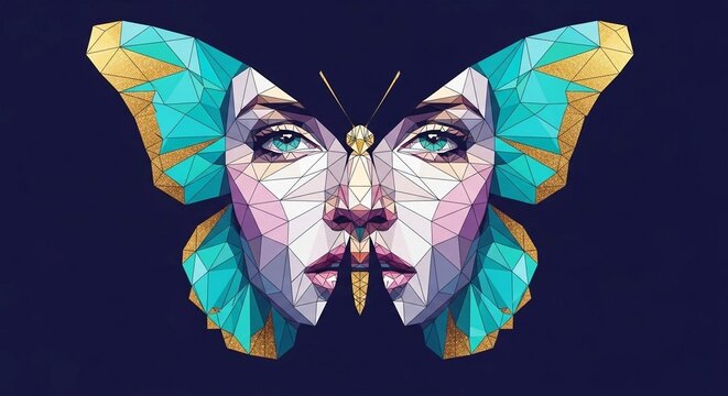 Geometric butterfly face with blue and pink patterns