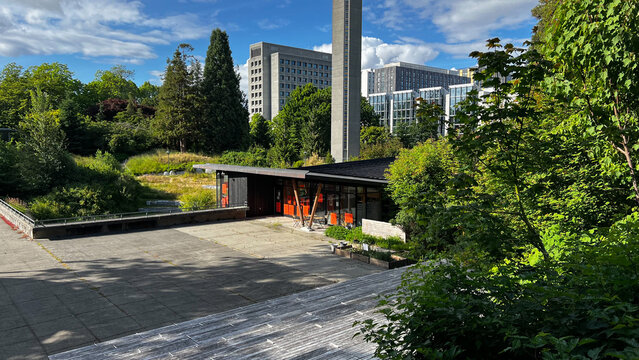 The low green-roofed Indian Residential School History and Dialogue Centre, its warm wood interior glowing behind glass above a concrete plaza, UBC towers beyond.