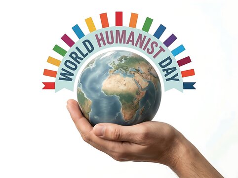 Hand holding a globe with world humanist day colorful banner above isolated illustration