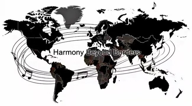 Conceptual artwork of global unity and cultural connection, depicting a world map enveloped by musical notes, representing universal harmony and understanding across borders