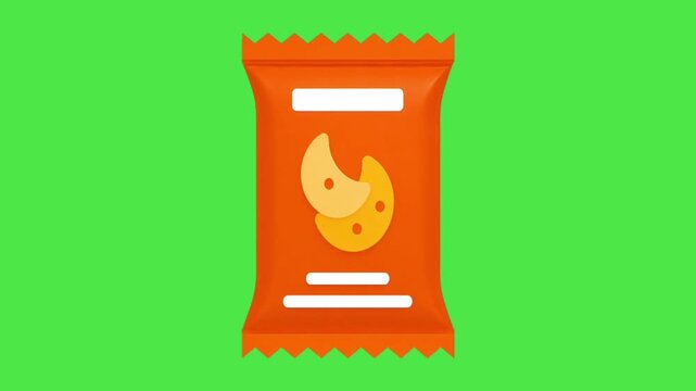  Animated Snack Bag Icon on Green Screen: 2D Flat Design Cookie Packet