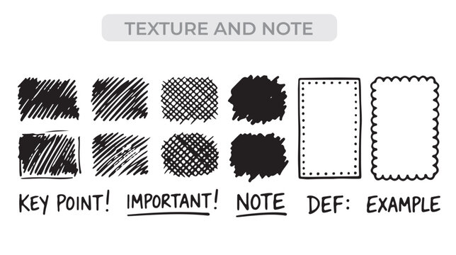 Collection of hand drawn textured blocks and note frames with textures scribbles hand drawn hatching crosshatch elements annotation highlight important key point scribble template isolated