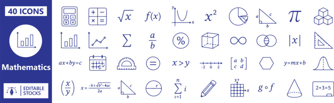 Mathematics Vector Outline Icons Set &ndash; Algebra, Geometry, Calculus, Statistics and Math Symbols Collection, Editable Line Icon Bundle Isolated on White Background