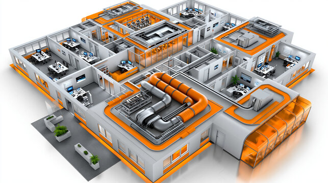 Isometrische 3D-Fabrikhalle in Orange-Wei&szlig; mit Maschinen und Fahrzeugen von oben
