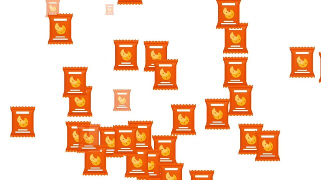  Flat Design Animated Junk Food Packet, Orange Cookie Snack Bag Icon animation on white background