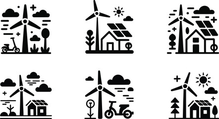 Fototapeta premium Green renewable energy icon set wind turbine solar power eco