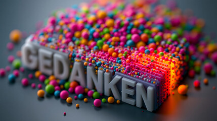 Fototapeta premium 3D-Schriftzug GEDANKEN in grau aus bunten Kugeln umgeben auf grauem Hintergrund