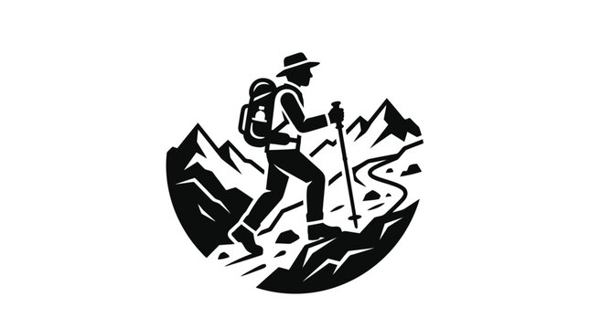 Silhouette hiker with backpack and trekking poles on mountain path, vector logo