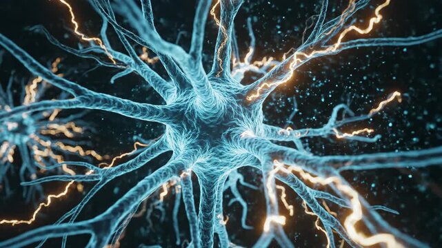 A detailed 3D illustration of a biological neuron cell with electrical impulses.