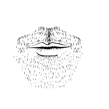 Black and white ink drawing of a man with a thick beard