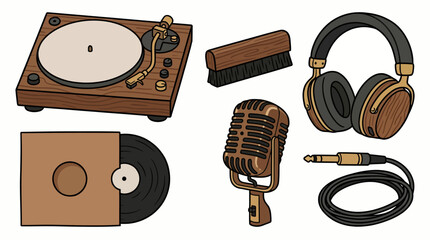 A colorful illustration of various music equipment including a turntable, vinyl records, headphones, microphone, and audio cable © Ashok