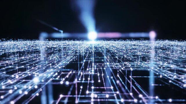 Abstract digital network grid featuring glowing blue light lines and bokeh nodes, symbolizing fiber optic connectivity, data transfer, and futuristic telecommunications background.