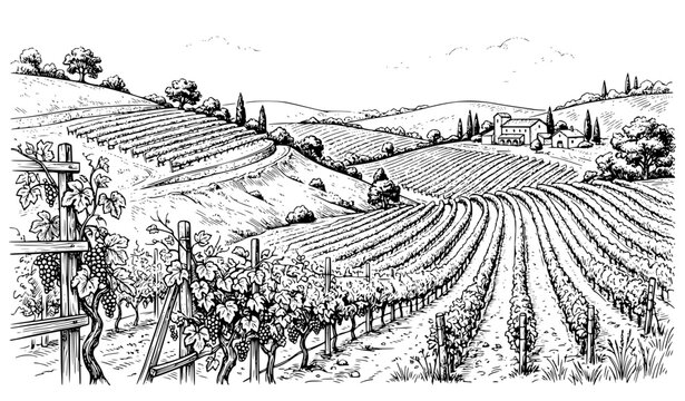 Vine Plantation Hills Vineyard Rows Vintage Engraving Vector Illustration