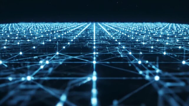 Abstract digital network background featuring blue glowing nodes and interconnected lines forming a geometric grid with perspective depth and bokeh effects on a dark surface.