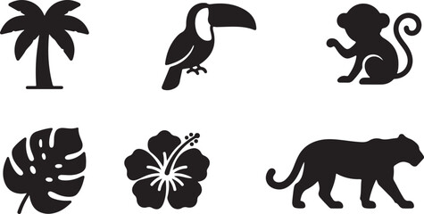 Obraz premium Black and white tropical animal and plant icons set Vector