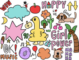 Naklejka premium Vector illustrations of kid drawing elements such as puppy, yellow duck, coconut tree, text bubbles, apple, flowers, tree, pink cherry, moon, butterfly, girl power letters, star, apple, red balloon