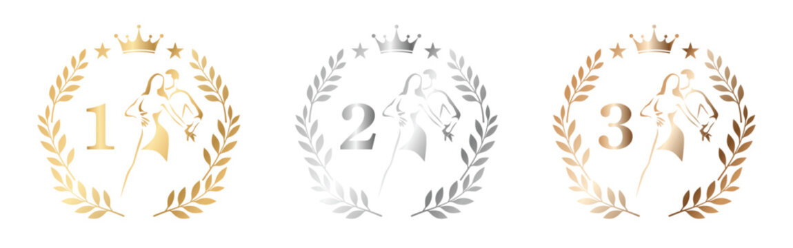 Collection of first second and third place dance award emblems featuring elegant ballroom couples, laurel wreaths, crowns and metallic gold silver bronze elements. Perfect for dance competitions, ball