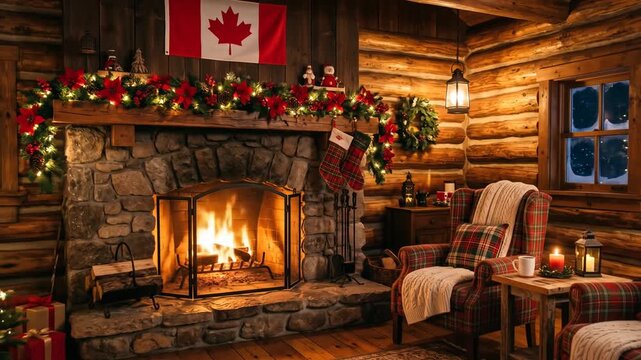 Cozy Rustic Cabin Living Room with Christmas Decorations and Fireplace