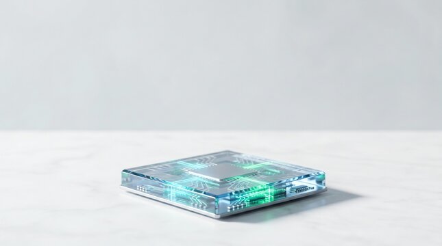 Digital processor unit featuring glowing green electronic circuitry patterns encased within a transparent glass square block on white marble surface