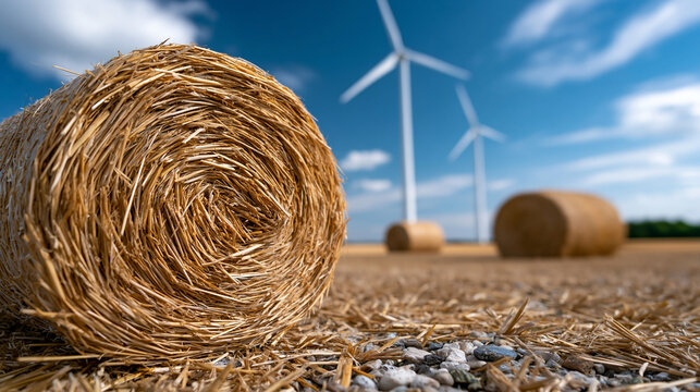 Runde Strohballen auf abgeerntetem Feld mit Windr&auml;dern und blauem Himmel im Hintergrund