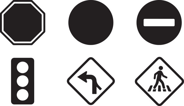 Set of six road traffic signs and signal icons in black and white Vector