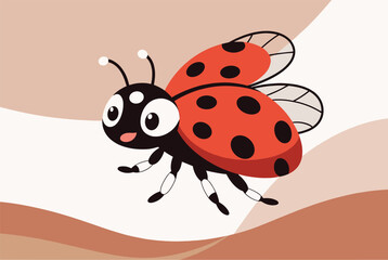 Fototapeta premium Cute ladybug character with red and black spots crawling on a whimsical background with soft flowing brown and cream shapes.