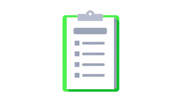 A clean flat design vector illustration of a green clipboard holding a white list document with a header bar, four empty checkboxes, and text placeholders.
