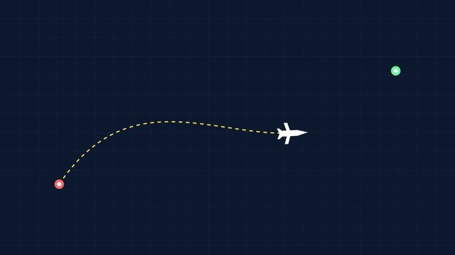 Animated airplane flight path with dotted trajectory line on dark grid animation