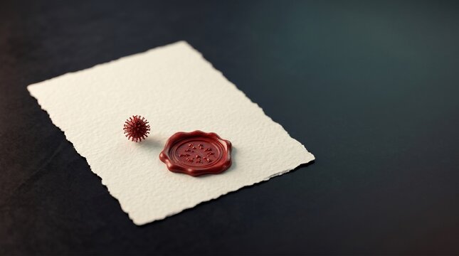 Red virus model next to a wax seal on textured paper representing official health documentation or clinical validation of a global pandemic outbreak