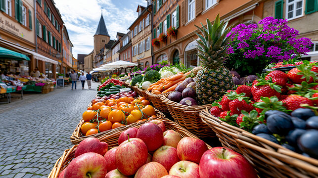K&ouml;rbe mit frischem Obst und Gem&uuml;se auf belebtem Wochenmarkt in historischer Altstadtgasse