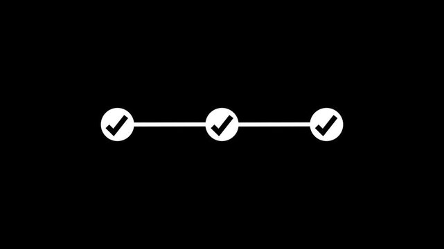 infographic step by three step process icon animation on black background. 3 step-by-step process success with check marks loop animation.