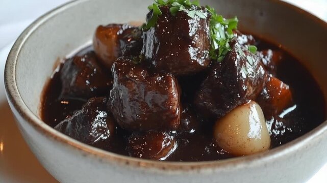 selective focus rich slow cooked beef stew with tender beef chunks red wine sauce carrots onions potatoes