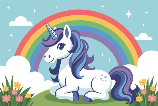 Magical white unicorn with a blue and purple mane resting in a flower meadow under a beautiful colorful rainbow arc.