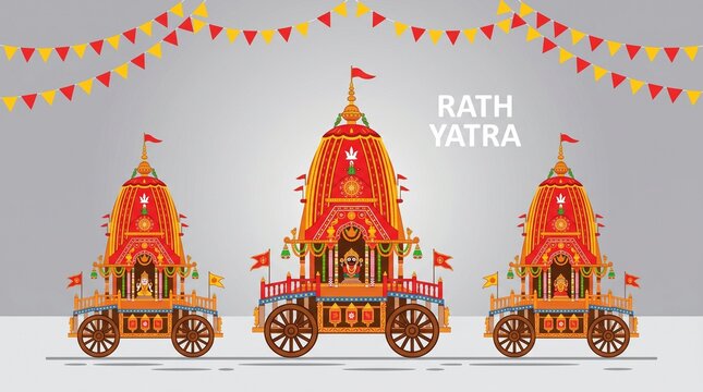 Three colorful rath yatra temple chariots with festive bunting flags for the hindu festival celebration in india