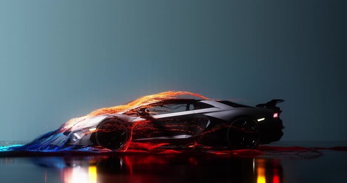 A sleek 3D sports car is wrapped in flowing orange and blue particle streams that visualize airflow and aerodynamics sweeping over its body.