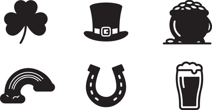 Black and white st patrick's day icons set featuring shamrock, leprechaun hat, pot of gold, rainbow, horseshoe, and beer mug Vector