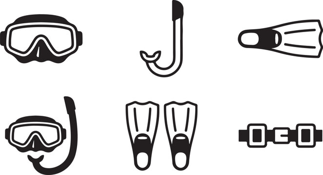 Scuba diving gear flat line icons set Vector