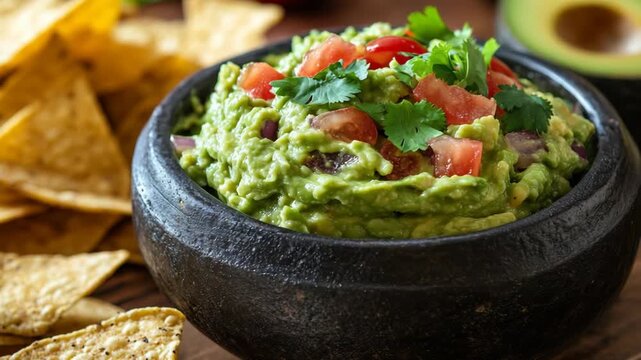 selective focus close-up freshly made guacamole bowl chopped cilantro tortilla chips vibrant green avocado texture