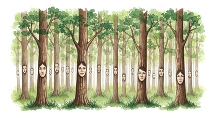 Obraz premium Whimsical forest with tree faces trees cartoon