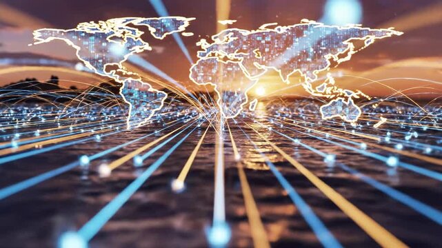 A glowing world map with connections and lines on a watery surface at sunset