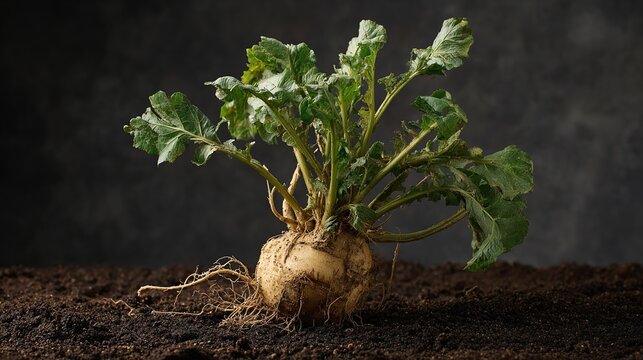 maca. A full Maca plant with green leaves and rough-textured root on dark soil. gardening catalogs, home-decor guides, designed for home decor and floral branding, celebrates nature.