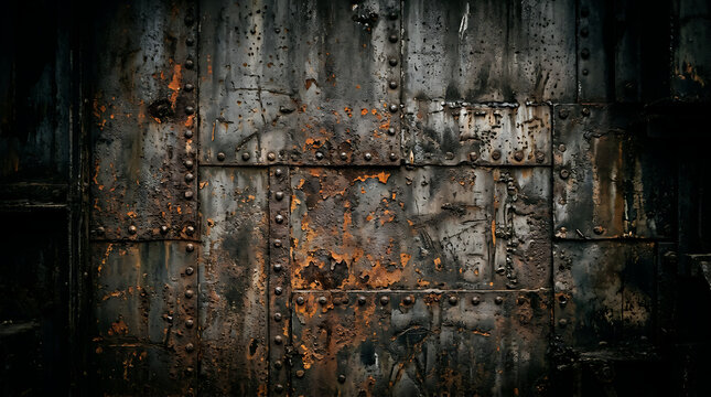 Grungy rusty metal plates with rivets texture background.