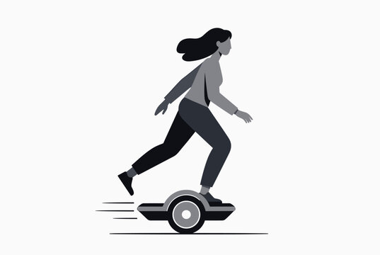 Modern woman riding a self-balancing electric unicycle or hoverboard as a futuristic method of urban transportation.