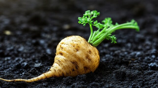 maca. A full Maca plant with green leaves and rough-textured root on dark soil. gardening catalogs, home-decor guides, designed for home decor and floral branding, celebrates nature.